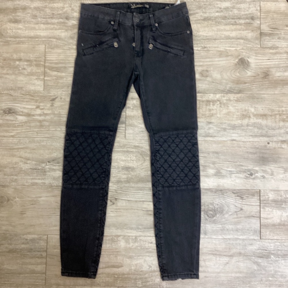 Zara Women’s Black Moto Skinny Jeans with Quilted Knee & Back Legs Zipper